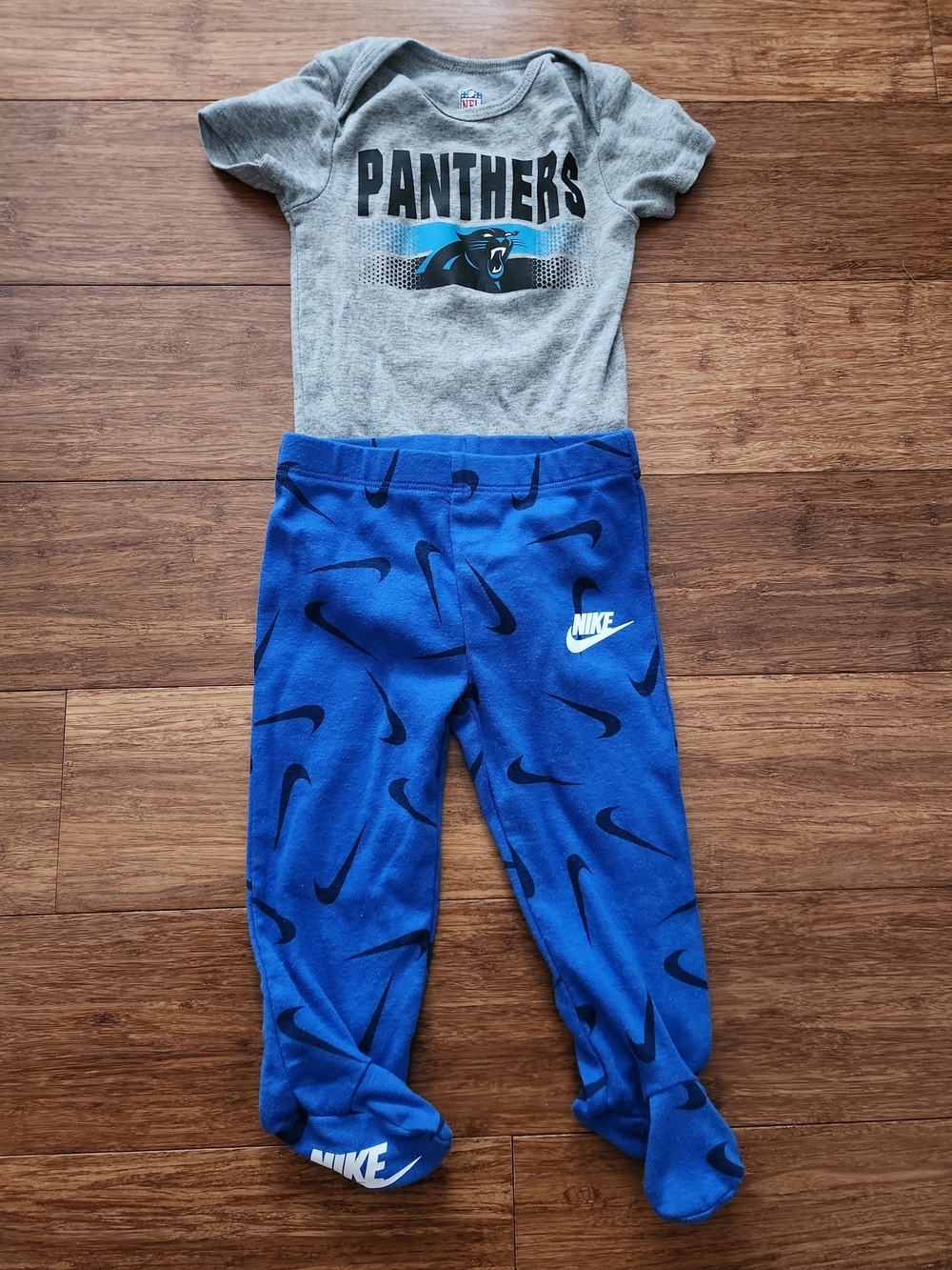 NFL Panthers Onesie & Nike Boy's Blue Logo Jogger Pants Matching Set, 6-9 Months